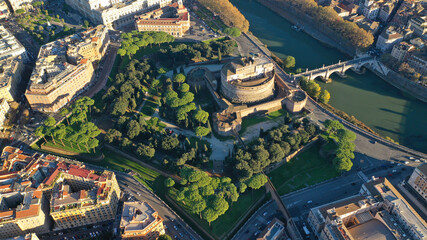 Aerial drone view of iconic Castel Sant'Angelo (castle of Holy Angel) and Ponte or bridge...