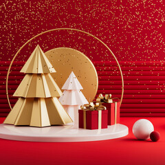 New year and christmas 3d render scene in classic red, gold and white colors. Glitter, presents with trees on podium. Creative banner or post for social media with space for text.