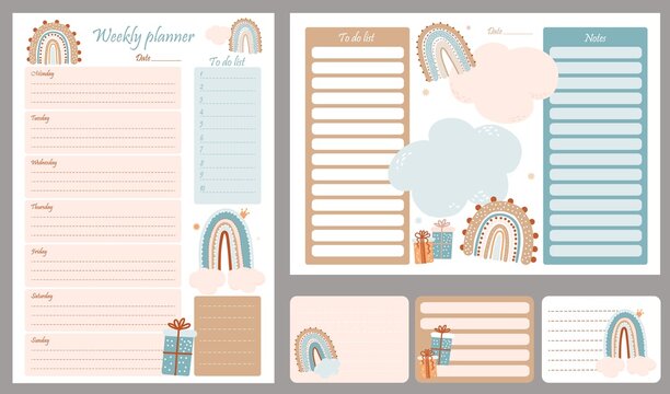 Set Cute planner templates - for day, week, to-do list. Scandinavian style organizer and schedule with notes and to do with rainbows and gifts. Vector illustration A4. Stationery, kids collection  - Powered by Adobe