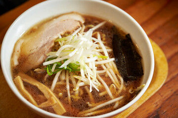 Japanese ramen, green onion topping and meat