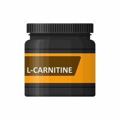 L-carnitine bottle isolated on white background. Sports nutrition icon container package, fitness supplements. Bodybuilding sport food. Jar with supplements for muscle growth. Gym vector illustartion
