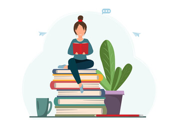 Tiny woman reading the book with house plant, a cup of tea and library on the background, hobbies concept, flat vector illustration