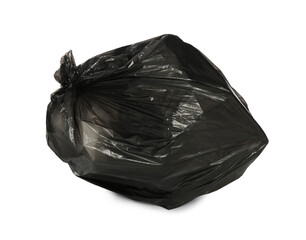 Black trash bag filled with garbage isolated on white