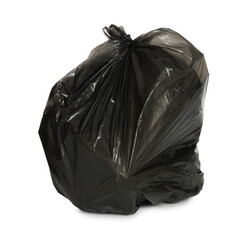 Black trash bag filled with garbage isolated on white