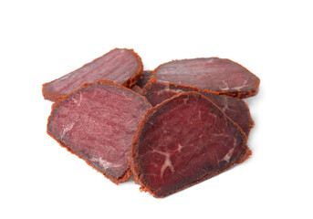 Delicious dry-cured beef basturma slices on white background