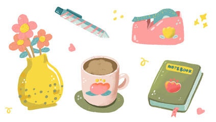 Cute Stationery , Pen,  flower vase , Book, Coffee Cup and Pink tape
