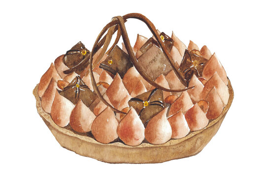 Chocolate tart watercolor illustration. Isolated on white background.