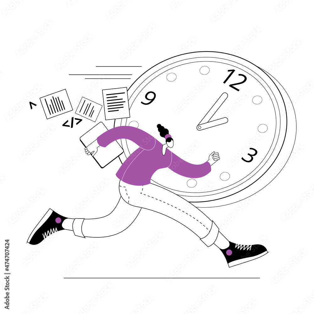 Aufkleber a woman with a laptop is trying to make up for lost time. vector illustration in the style of sketch