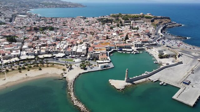 Aerial view. Rethymno town on the island of Crete. The historical part of the city and the port.