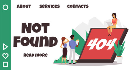 404 page not found web site template with people around. System failure or web page maintenance vector illustration.