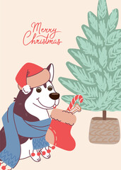 Cute dog husky on christmas card. Vector greeting card in flat style with lettering Merry Christmas
