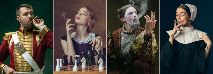 Medieval women and men as persons from famous artworks in vintage clothing smoking isolated on dark background.