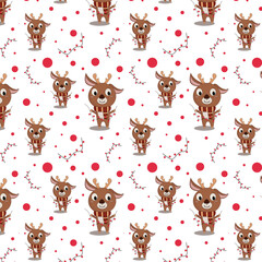 Fototapeta premium seamless pattern cute christmas deer in a warm scarf with garlands on a white background