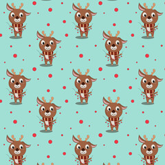 seamless pattern cute christmas deer in a warm scarf with garlands in its paws on a blue background
