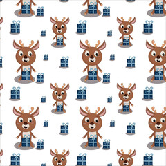 seamless pattern cute Christmas deer sitting on the floor with a gift