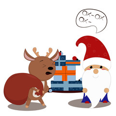 christmas reindeer carries a sack of gifts to santa claus
