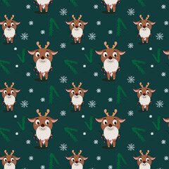 seamless pattern of cute christmas deer with fluffy white beard and fir branches and snowflakes