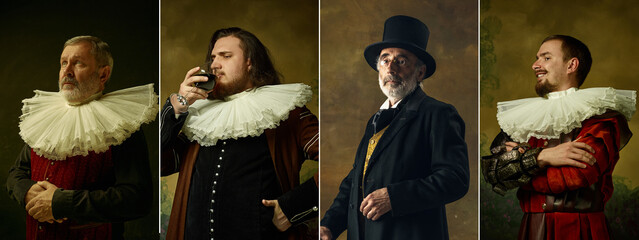Medieval people as a royalty persons in vintage clothing on dark background. Concept of comparison...