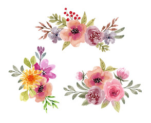 set of watercolor bouquets of bright multicolored flowers on a white background. hand painted for design and invitations.	
