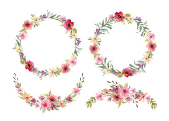 set of watercolor round frames with flowers