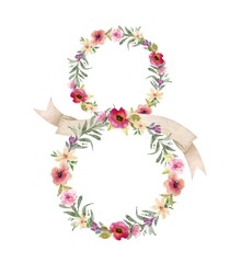 Banner, flyer, beautiful postcard for March 8. International Women's Day. Flowers in the shape of eight illustration watercolor