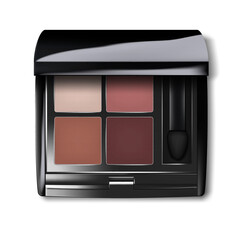 Make-up color eyeshadow palette with applicator. Open makeup eye shadow kit container top view. Realistic vector illustration - obrazy, fototapety, plakaty