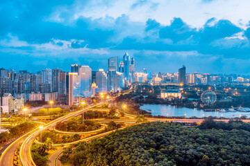 High-view night view of International Trade CBD and Binhai Overpass in Haikou, Hainan, China