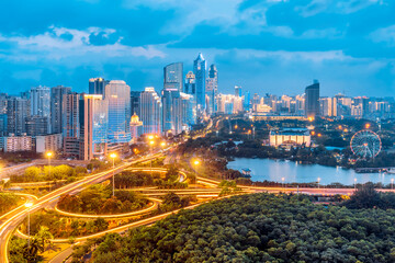 High-view night view of International Trade CBD and Binhai Overpass in Haikou, Hainan, China