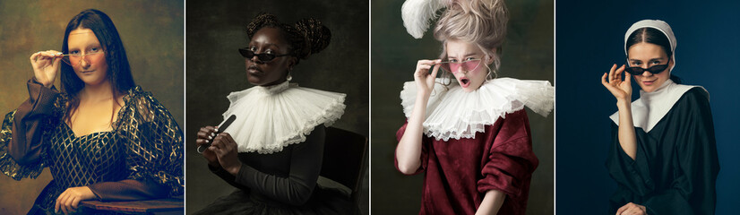 Medieval people as a royalty persons in vintage clothing on dark background. Concept of comparison...