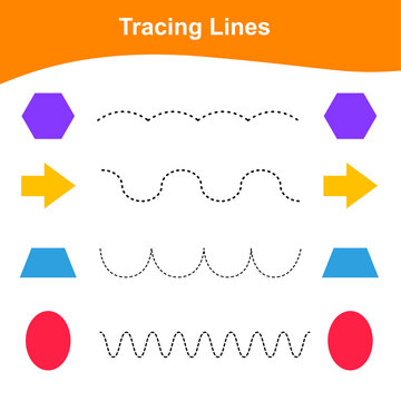 Tracing Lines Game Geometric Shapes Edition. Educational Worksheet. Worksheet Activity For Preschool Kids. Shapes Flashcards Edition. Vector Illustration. 