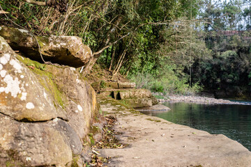 Beautiful landscape with river, rocks, trees and moss