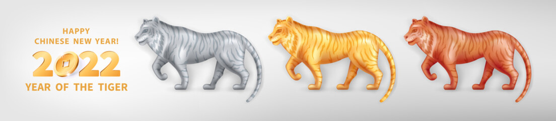Set of three metallic Tigers different colors. Bronze, silver and golden metal. Tiger is a symbol of the 2022 Chinese New Year. Vector illustration of decorative Zodiac Sign