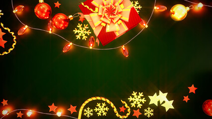 christmas holiday backdrop with decorations on green - abstract 3D rendering