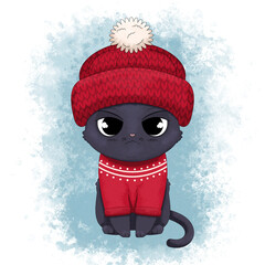 Ręcznie rysowany uroczy mały kotek w wełnianej czapce z pomponem i czerwonym sweterku. Ilustracja siedzącego czarnego kota. Kot w ciepłym ubraniu gotowy do zabawy na śniegu. - obrazy, fototapety, plakaty