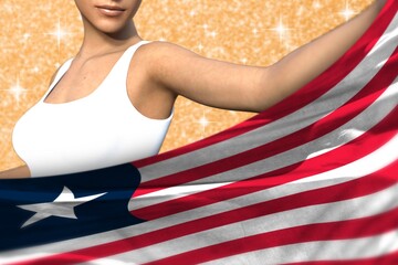 pretty girl holds Liberia flag in front on the orange shining sparks background - flag concept 3d illustration