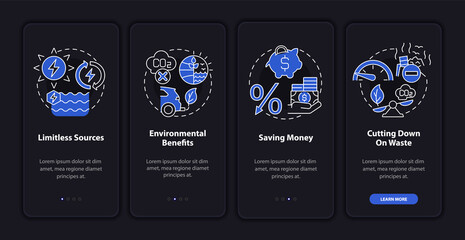 Renewable energy benefits onboarding mobile app page screen. Nature walkthrough 4 steps graphic instructions with linear concepts. UI, UX, GUI template. Night mode. Myriad Pro-Bold, Regular fonts used