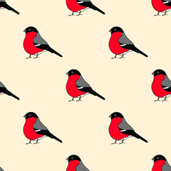 Bright seamless illustration with bullfinches. Vector drawing.