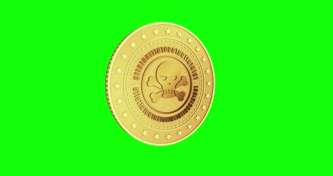 Piracy skull  haking symbol, cyber attack and crime isolated gold coin on green screen loopable background. Rotating golden metal looping abstract concept. 3D loop seamless animation.