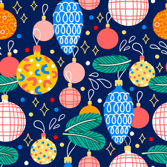 Vector christmas seamless pattern with Christmas tree decorations. 