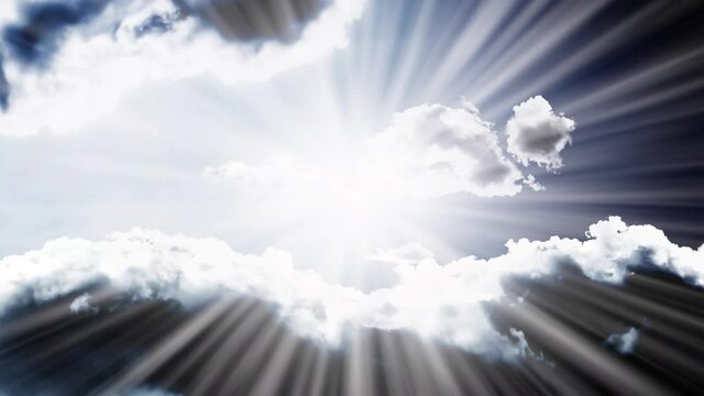 A blue sky with clouds with bright sunbeams and a smoothly emerging rectangular portal. 4K 3D creative video animation with parallax effect.