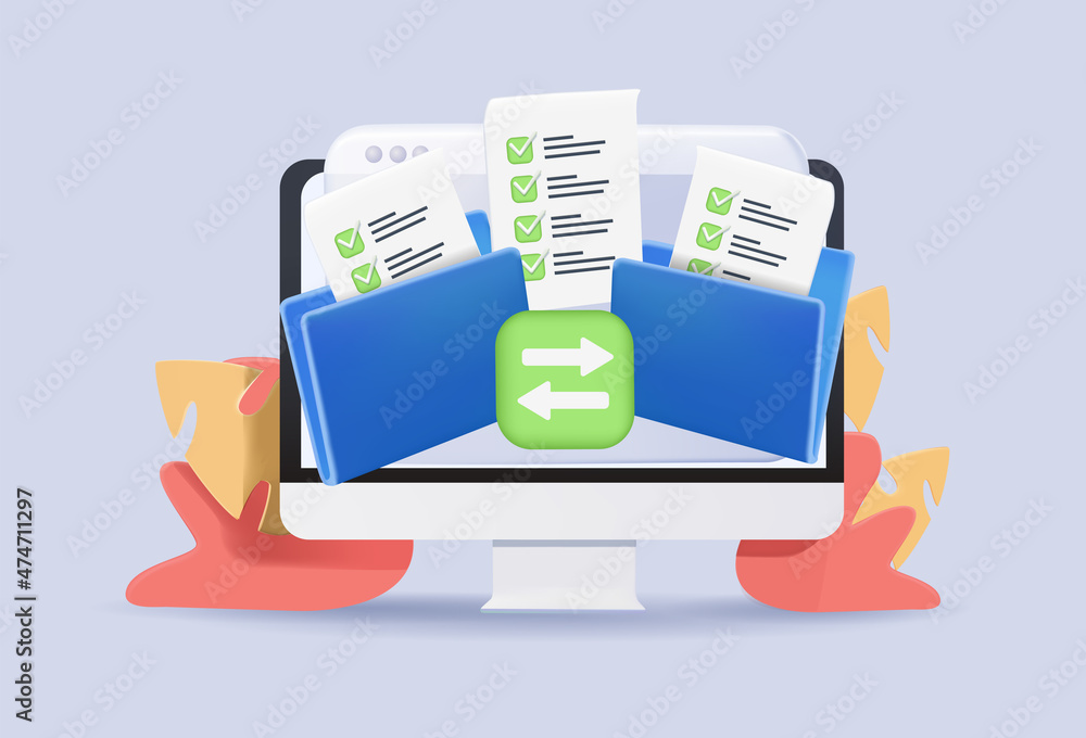 Poster file transfer concept. two folder with document and files transfering. 3d vector illustration. file 