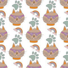 Seamless pattern with cute cat, rainbow, glasses, dog paw, clouds. Great for kids apparel, nursery decoration. Vector cartoon Illustration.