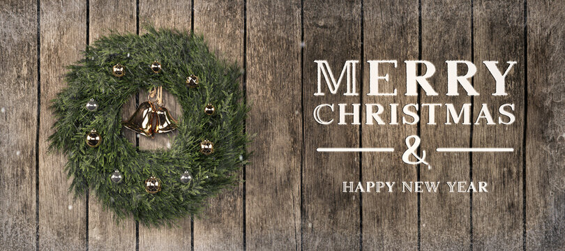 Merry Christmas and Happy New Year concept. Christmas wreath with wooden winter background. Happy Holidays. 3D rendering.