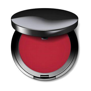 Make-up powder blush open round container. Open compact makeup blusher case top view