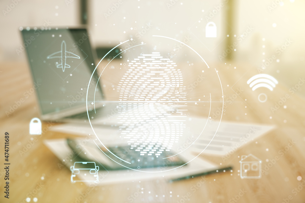 Fototapete Multi exposure of virtual fingerprint scan interface on calculator and pc background, digital access concept