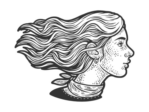 Woman with long hair in wind sketch engraving vector illustration. T-shirt apparel print design. Scratch board imitation. Black and white hand drawn image.