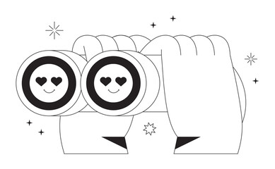 Hands hold binocular and look searching soulmate. Eyes with hearts full of love. Vector illustration for dating application or valentines day. Outline vector element for web, ui or application design.