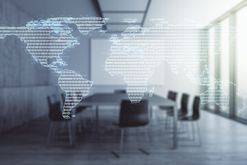 Double exposure of abstract digital world map hologram on a modern boardroom background, big data...