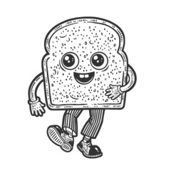 Walking cartoon toaster bread sketch engraving vector illustration. T-shirt apparel print design. Scratch board imitation. Black and white hand drawn image.