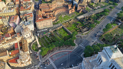 Aerial drone photo of iconic round Piazza dei Quiriti with famous fountain in the heart of Prati district in Rome, Italy